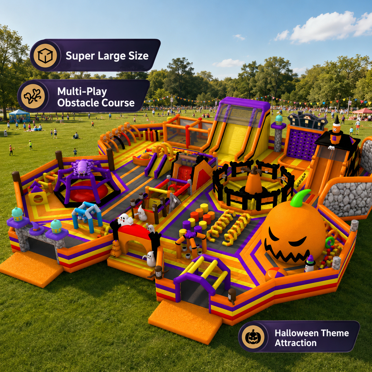 Commercial Halloween-Themed Inflatable Amusement Park with Slides and Obstacle Course