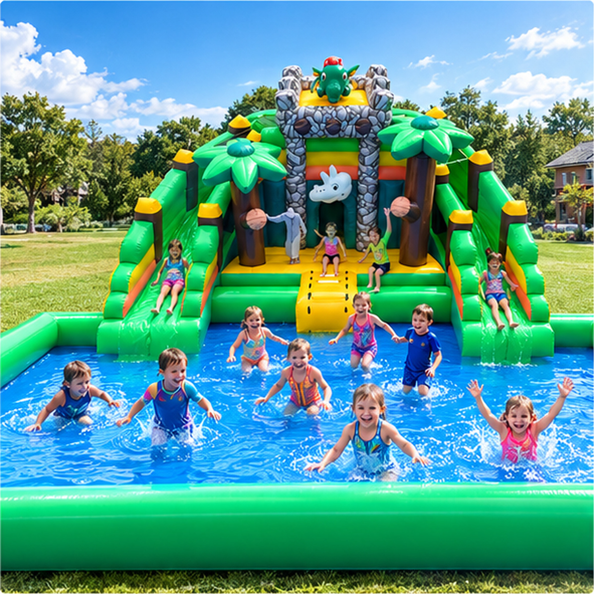 Commercial Jungle Dinosaur Theme Inflatable Water Slide with Splash Pool