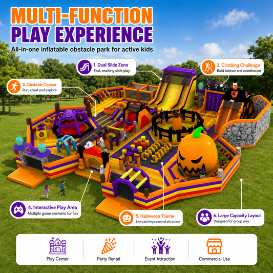 Commercial Halloween-Themed Inflatable Amusement Park with Slides and Obstacle Course