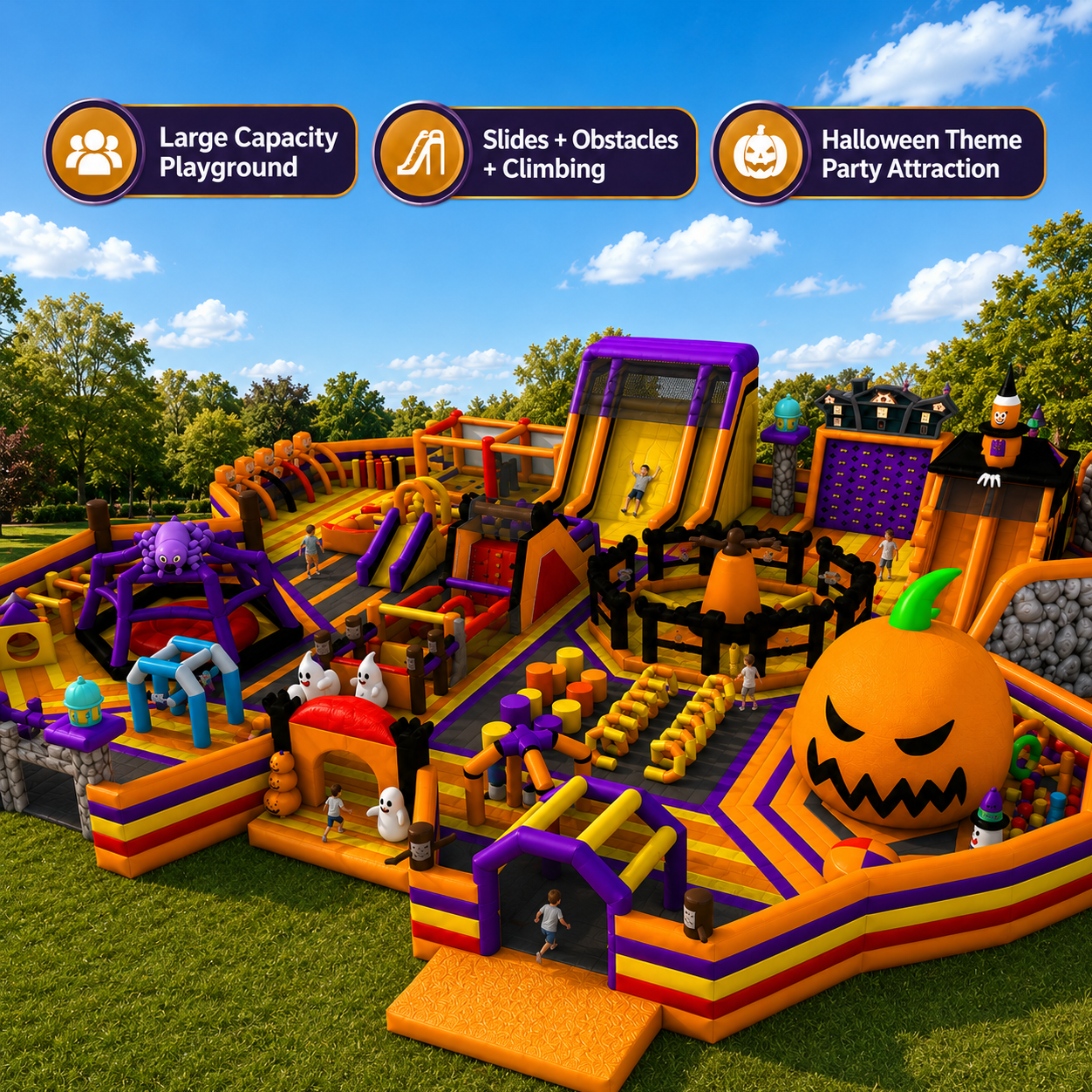Commercial Halloween-Themed Inflatable Amusement Park with Slides and Obstacle Course