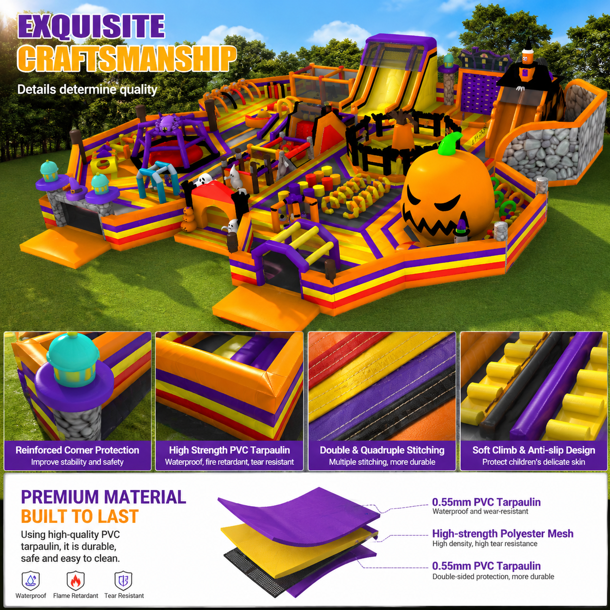 Commercial Halloween-Themed Inflatable Amusement Park with Slides and Obstacle Course