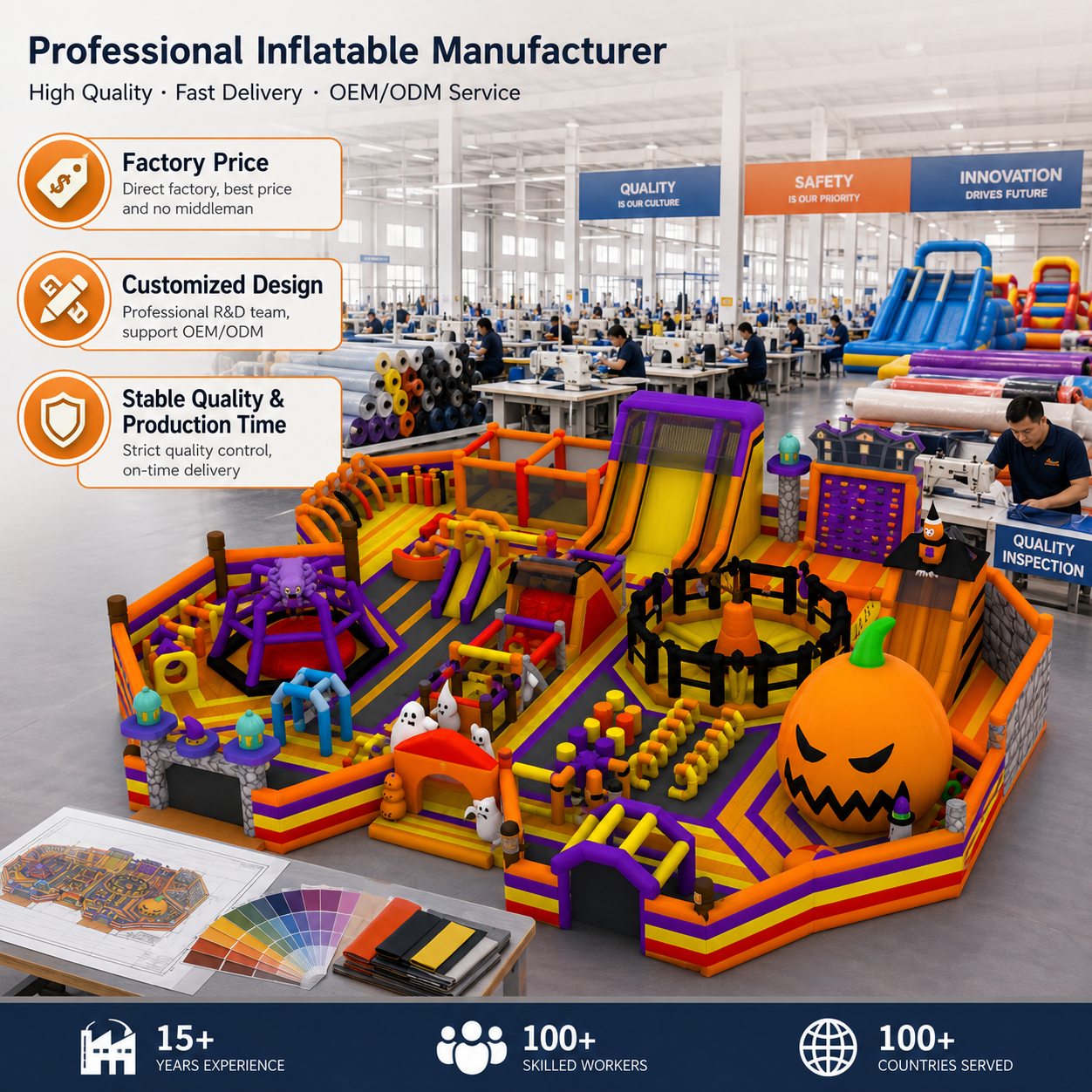 Commercial Halloween-Themed Inflatable Amusement Park with Slides and Obstacle Course