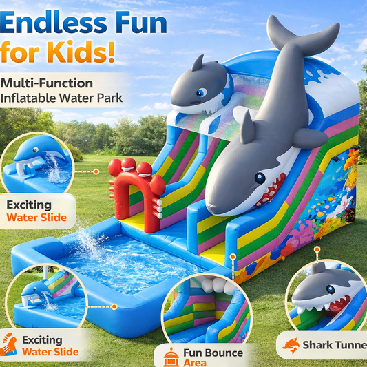 Commercial Shark and Dolphin Theme Inflatable Water Slide with Splash Pool